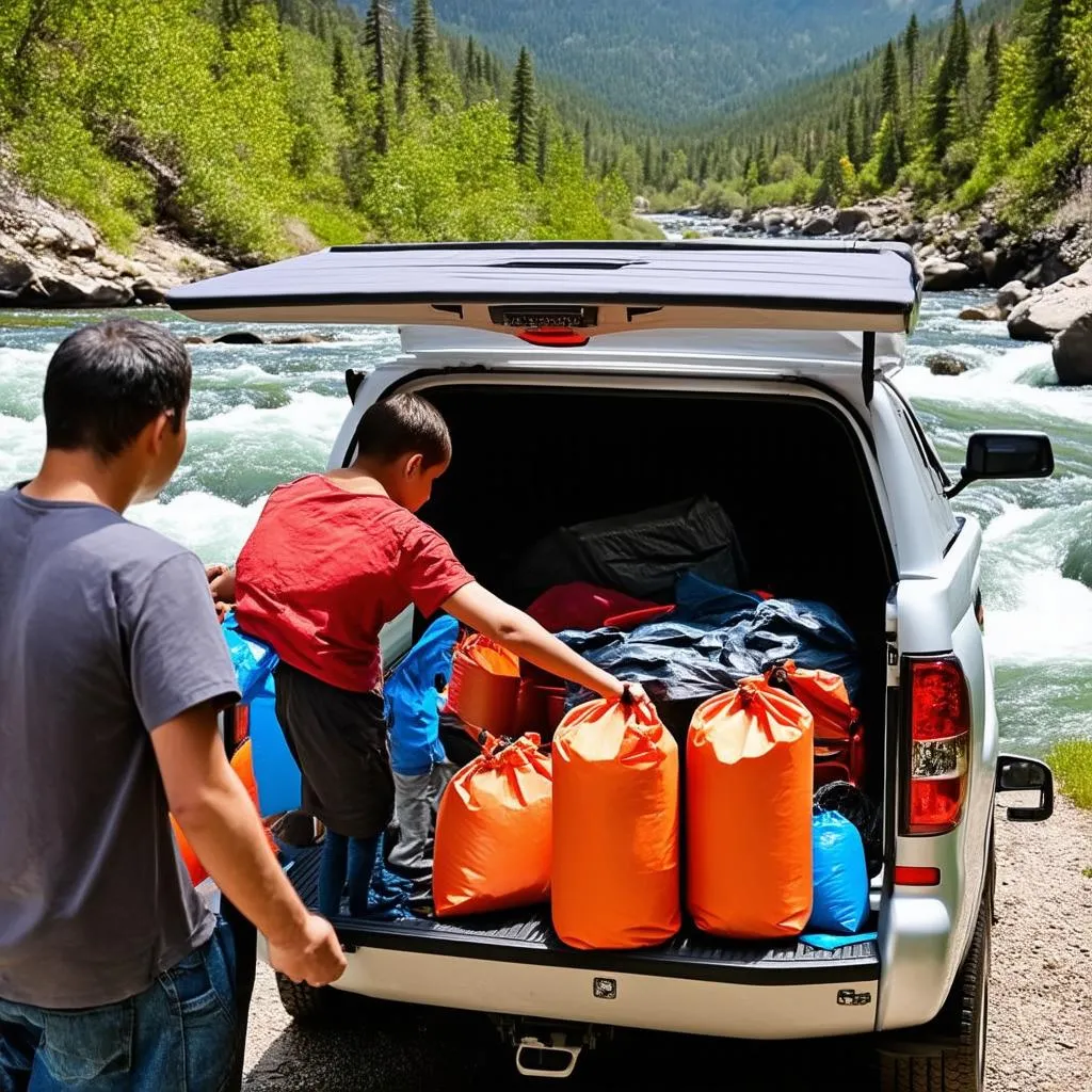 Family getting ready for a river adventure, packing waterproof bags